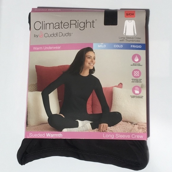 Cuddl Duds ClimateRight by Womens Sueded Warmth Warm Long Sleeve Crew With Thumbholes Top
